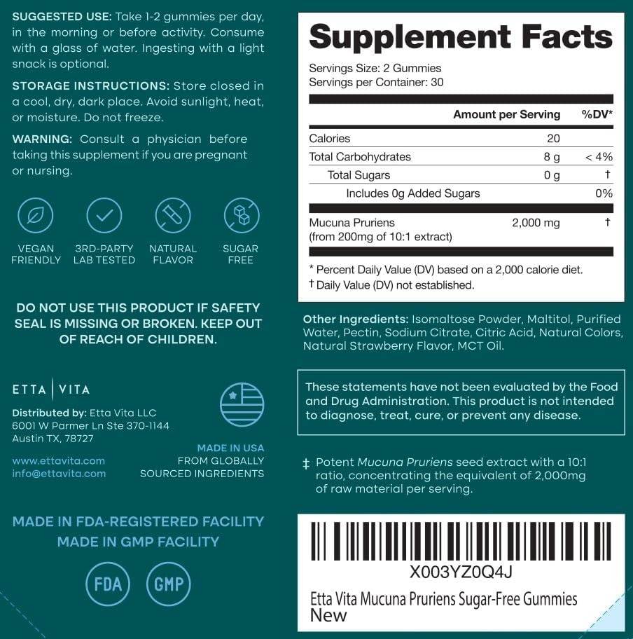 Sugar-Free Mucuna Pruriens Gummies (2g/serving) Strawberry Flavor, 60 Chews | Dopamine supplement for energy, focus, calm mood & motivation, mucuna pruriens 10:1 extract, vegan, non-GMO, gluten-free, USA