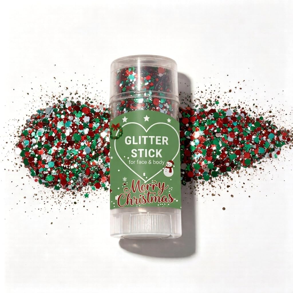 Christmas Glitter Stick, Red Silver Green Chunky Body Glitter Makeup for Face, Hair & Body, Long Lasting Waterproof Shimmer Gel for Holiday Party Festival Costume Cosplay