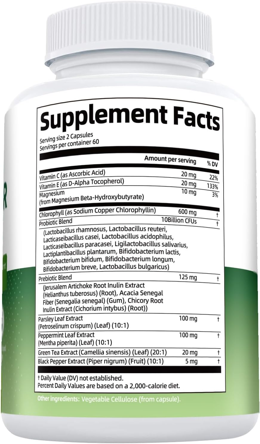 Chlorophyll Body Deodorizing Supplement with 10 Billion CFU Probiotic, Vitamin C & E, Parsley, Peppermint, Green Tea, Prebiotics, Chlorophyll Capsules Supports Breath & Whole-Body Freshness, 120 Caps