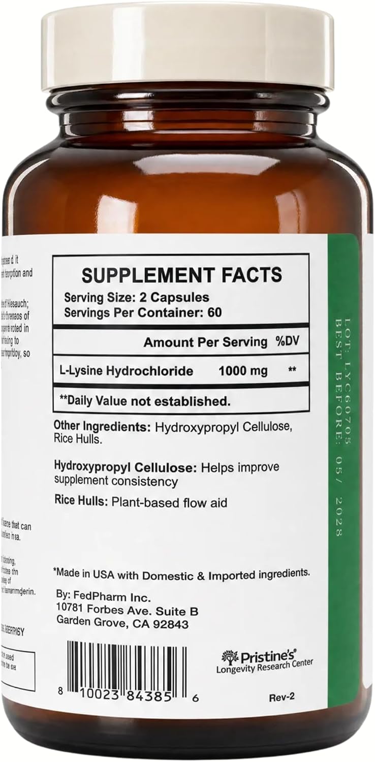 PRISTINE'S L-Lysine 1000mg Capsules, Lip Health & Immune Support, Vegan | Daily amino acid support for lip health and immune wellness. 60 day supply, vegan, non-GMO, gluten-free, glass bottle