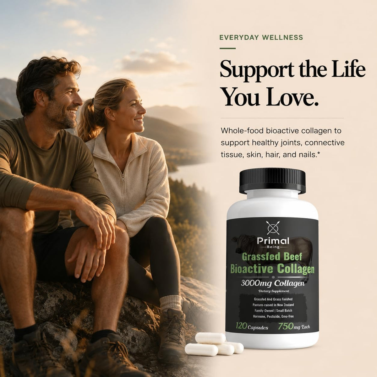 Primal Being Grassfed Beef Cartilage Collagen (Type I-V & XI)- Supports Hair, Skin, Nails, Joint Health, Immunity, Digestion, Post Exercise Recovery - 120 Capsules, 3000 mg per Serving