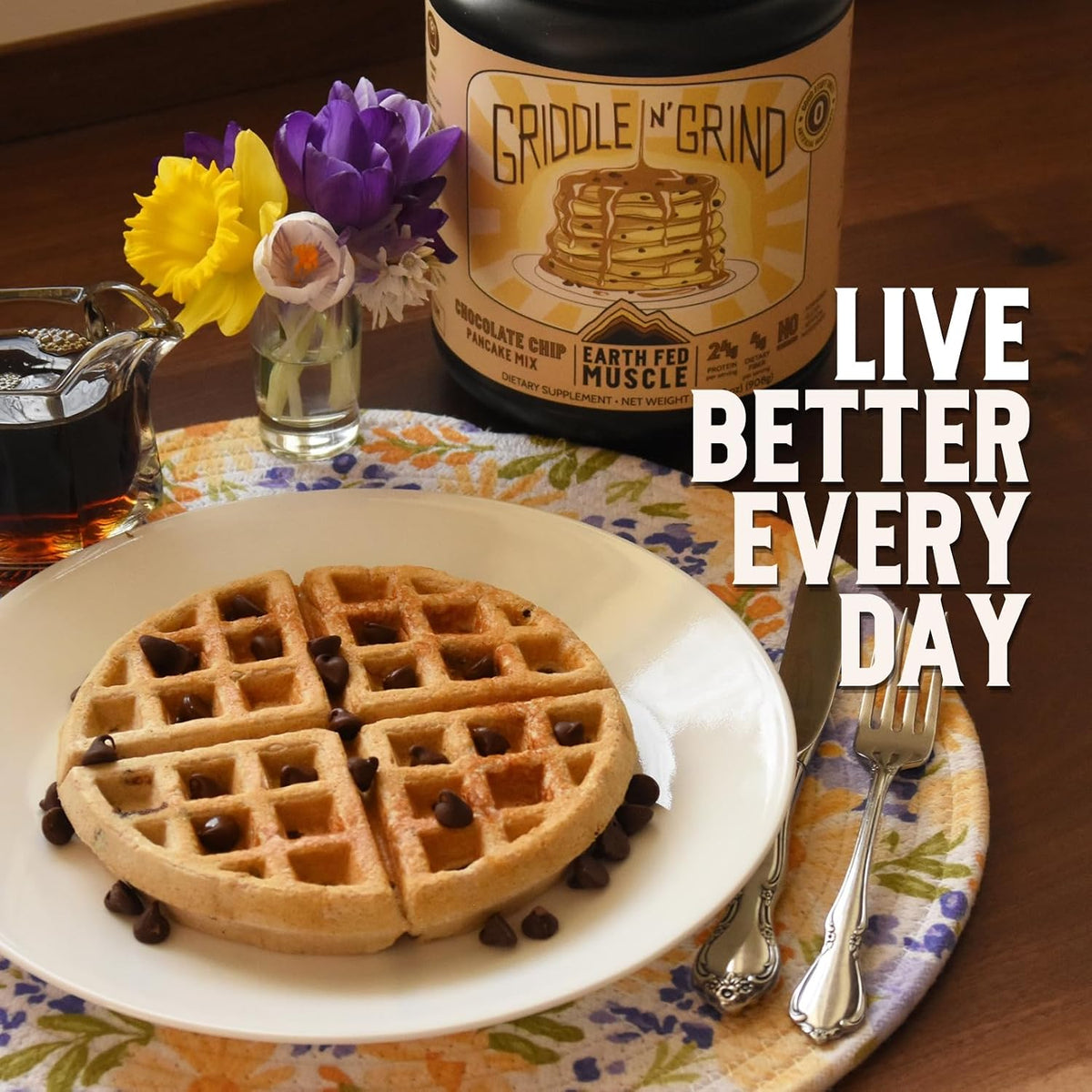 Earth Fed Muscle Griddle N' Grind Chocolate Chip Protein Pancake Mix & Waffle Mix – Protein Pancakes Gluten Free, High Protein & Fiber, Just Add Water – 2lbs, 13 Servings