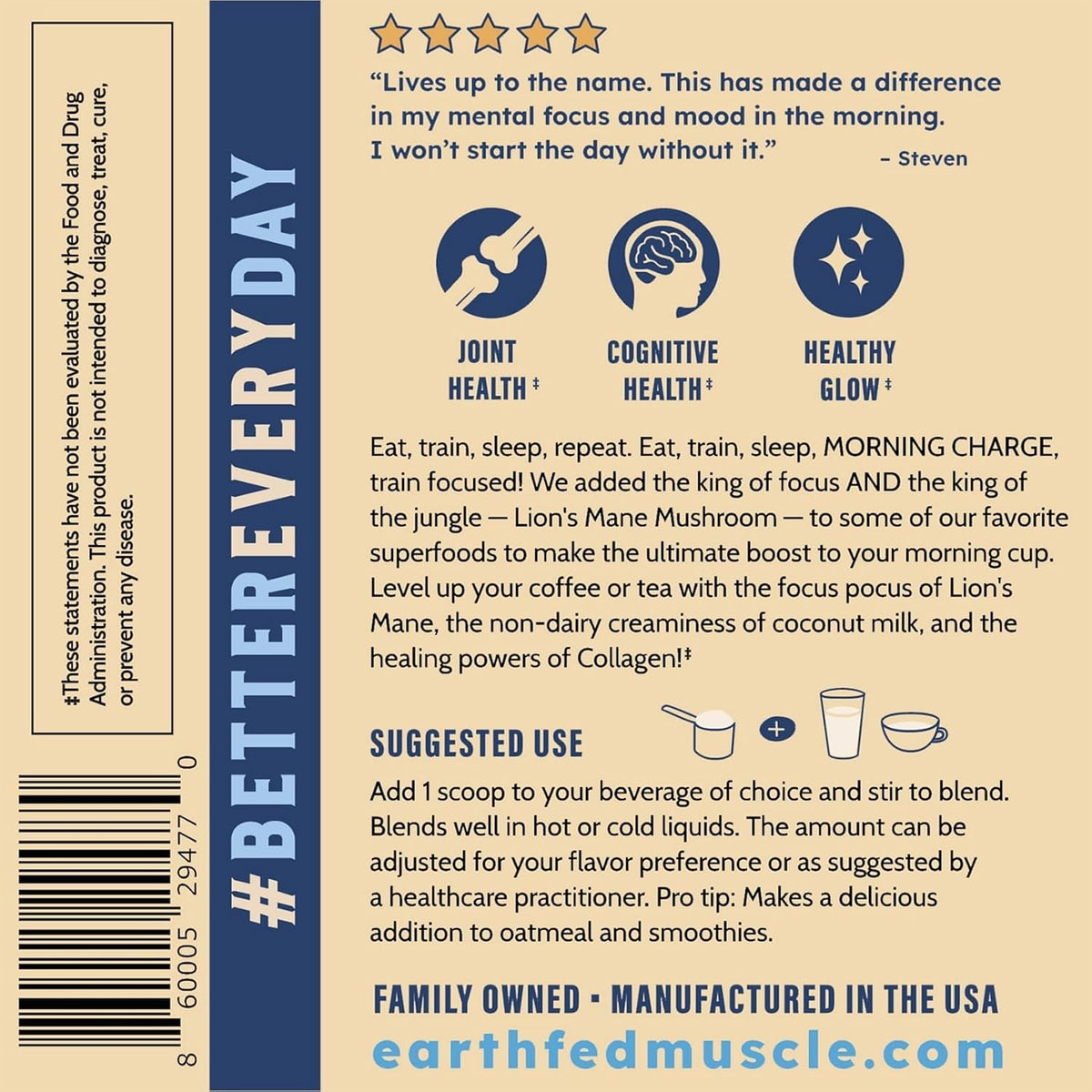 Earth Fed Muscle Vanilla Protein Coffee Creamer Powder, 24 Servings | Collagen Peptides, Lion's Mane, Coconut Milk, Non-Dairy, Morning Charge - Focus + Joint Support