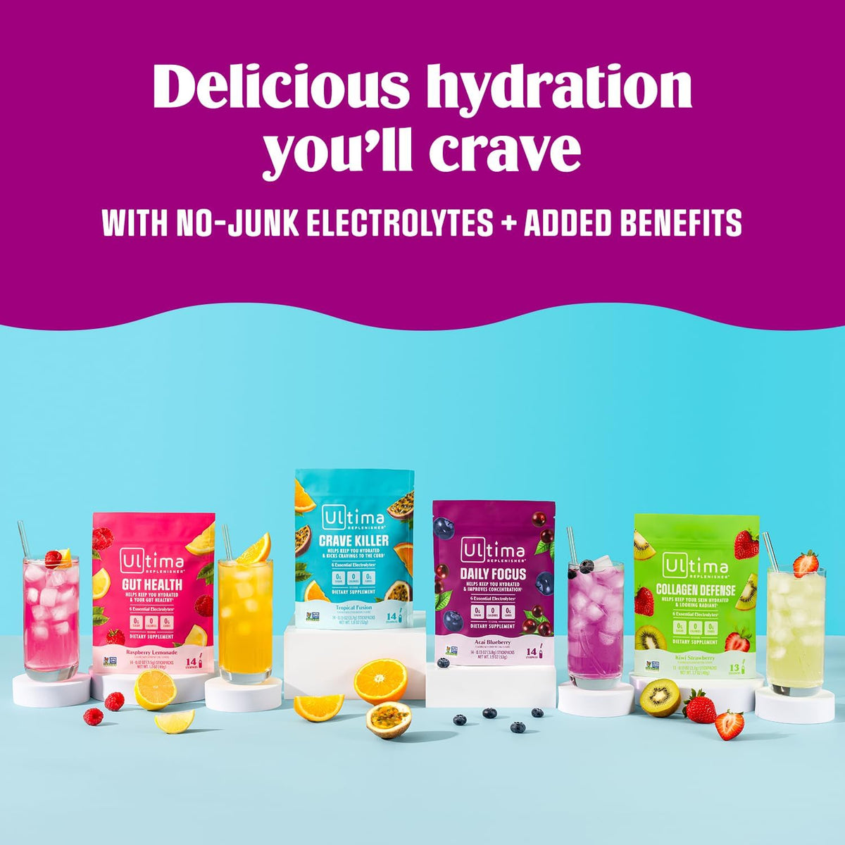 Ultima Replenisher Electrolyte Powder Drink Mix Bundle – Sugar Free – Crave Killer and Gut Health, 14 Stickpacks – 6 Electrolytes and Minerals – Keto Friendly, Vegan, Non-GMO