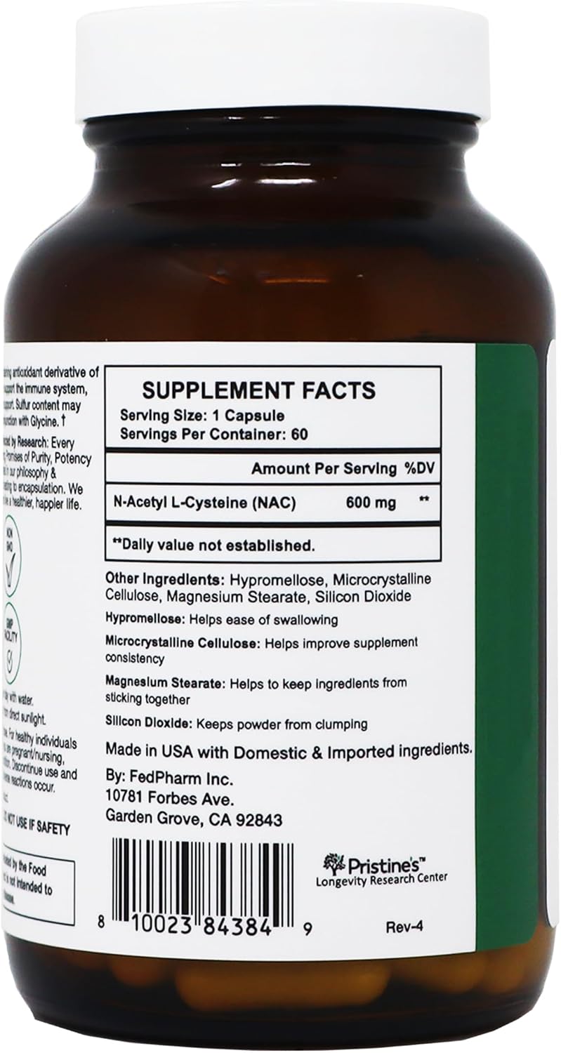 PRISTINE'S NAC 600mg N-Acetyl Cysteine Capsules, Glutathione Support | Glutathione support in a simple NAC capsule routine. Antioxidant support, 60 day supply, vegan, non-GMO, gluten-free
