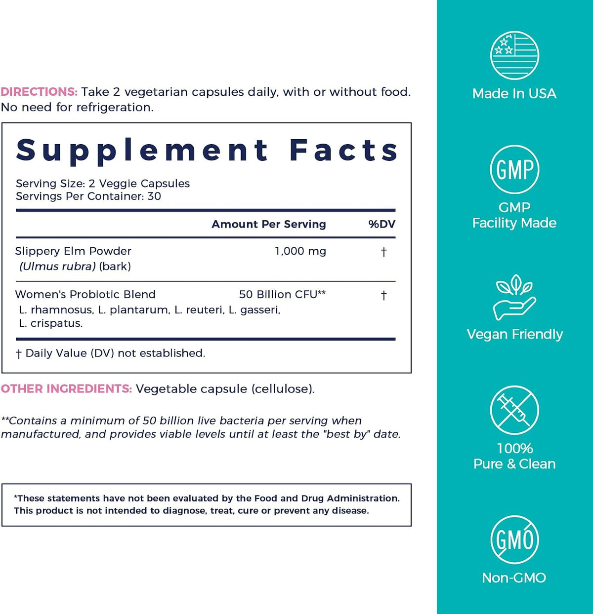 NewRhythm Women's Probiotics Slippery Elm Bark, 50 Billion CFU Per Serving, 5 Strains, All Natural, Non-GMO, Vaginal, Digestive & Immune System Support, 60 Vegan Caps