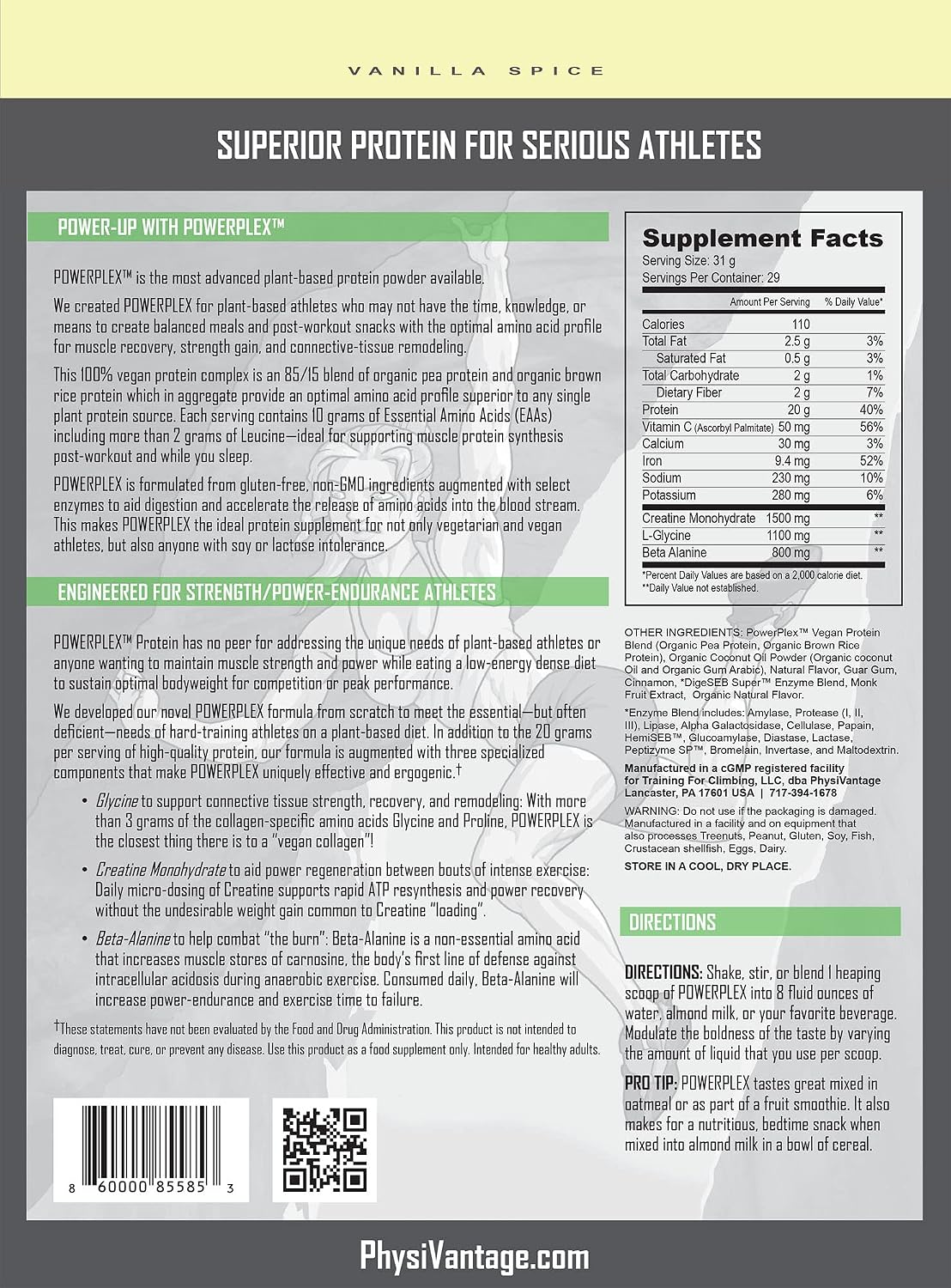 PhysiVantage POWERPLEX Vegan Protein Powder, Collagen Alternative - Organic Plant-Based Pea & Rice Protein, Dairy-Free, Non-GMO, Supports Muscle & Joint Recovery, Monk Fruit Sweetened 2 lb (Vanilla)