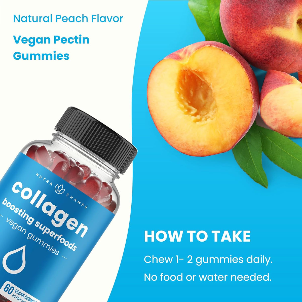 NutraChamps Collagen Boosting Gummies, Collagen Booster Gummy for Natural Collagen Production, Vegan Pectin Supplements Chews for Women & Men, 60 Peach Vitamins Gummies