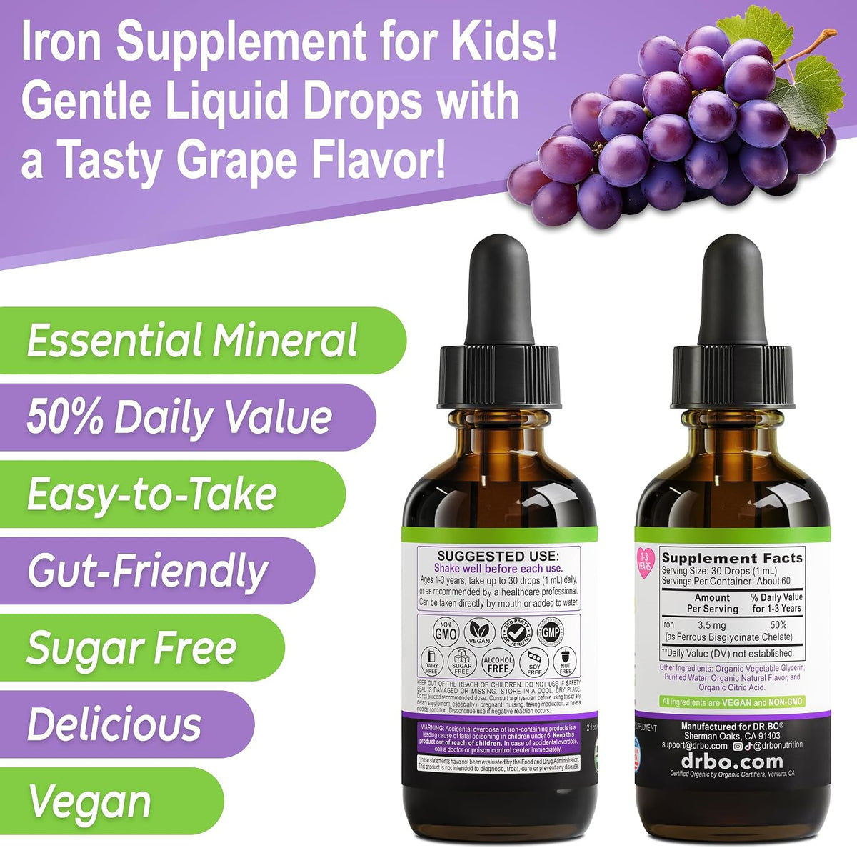 Iron Supplement for Toddlers & Kids - Organic Liquid Iron Drops for Kids, Toddler, Baby, Infant, Toddlers Supplements Ages 1-3 - Organic Vegan Toddler Liquid Drops Supplement, Gluten Free, Non-GMO 2oz