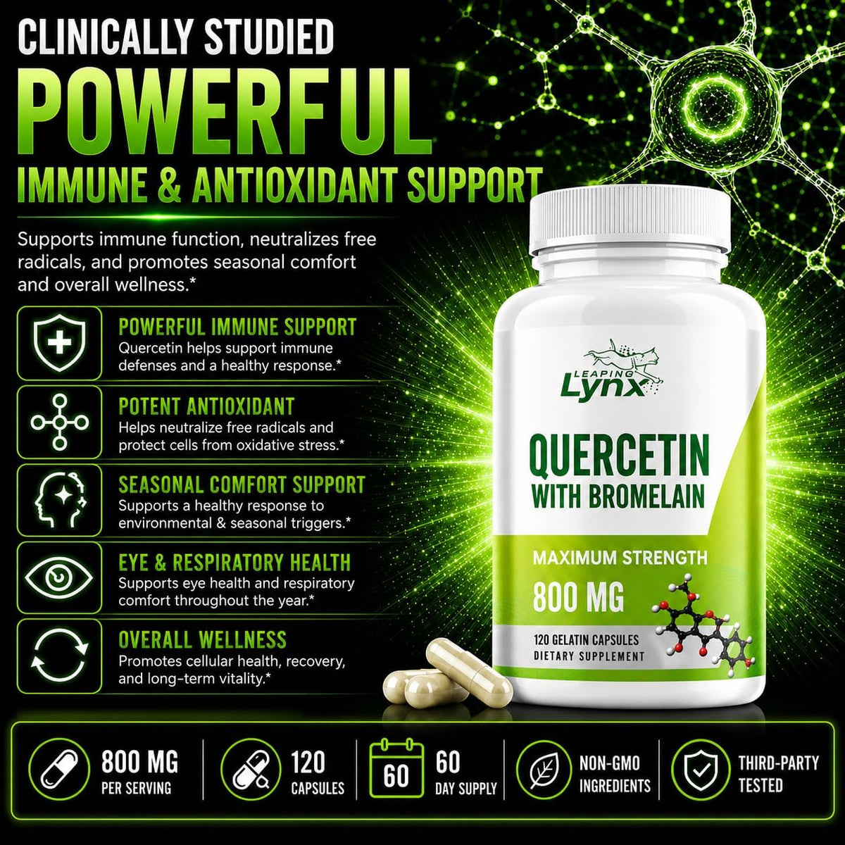 Leaping Lynx Quercetin with Bromelain – 800mg Quercetin + 165mg Bromelain | 120 Capsules (60-Day Supply) | Immune, Respiratory, and Seasonal Allergy Support | Antioxidant & Recovery Complex | Non-GMO