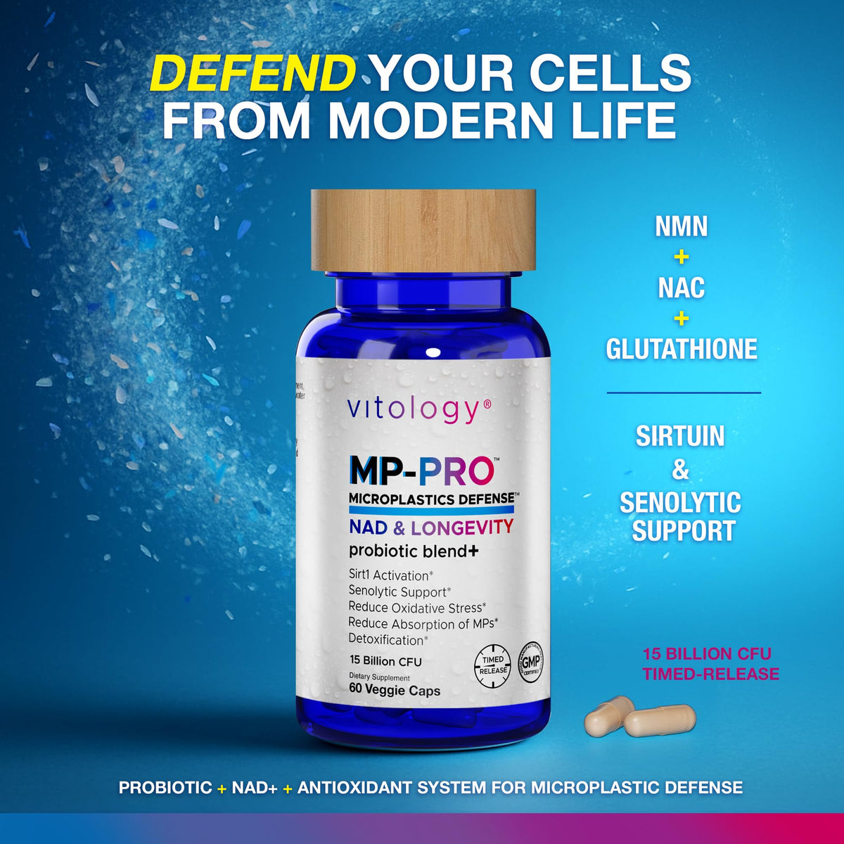 Vitology MP-PRO Microplastics Defense | 15 Billion CFU Probiotic + Antioxidant Blend | NMN, NAC, Glutathione, Resveratrol & Charcoal | Supports Cellular Detox, Longevity & Gut Health – 60 Capsules Vitology buy supplements Au
