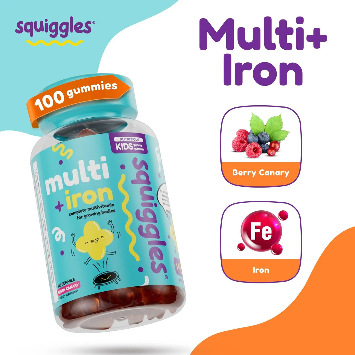 Squiggles Kids Multivitamin + Iron Gummies - Low Sugar Gummy Vitamins with Iron Supplements for Kids - PrimeBioHealth - canada supplements