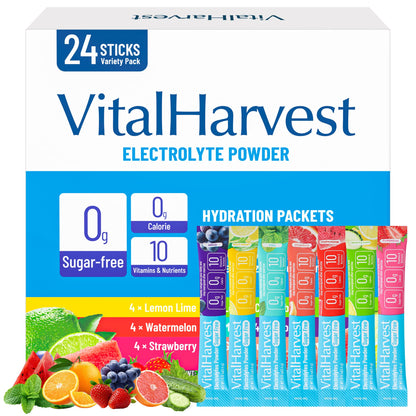 24 Sticks Electrolytes Powder Packets 7 Flavors Sugar Free Hydration Packets Liquid Daily IV Drink Mix, Low Sodium, Lemon Lime, Watermelon, Strawberry, Grape - PrimeBioHealth - canada supplements