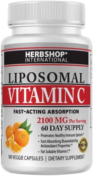 Herbshop® Liposomal Vitamin C 2100mg - 180 Capsules, 60 Servings - High Absorption Immune Support Supplement with Sunflower Lecithin - Bioavailable Antioxidant for Collagen & Skin - Made in USA