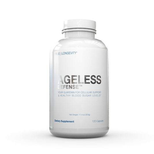 Supplement bottle labeled 'Ageless Defense' on a white background