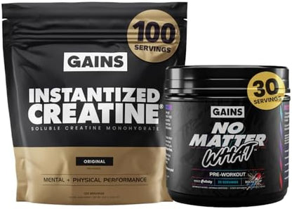 Gains in Bulk Instantized Creatine & No Matter What Pre Workout Powder Bundle, Soluble Creatine Powder, Paraxanthine, Amino Acids & L Theanine, 130 Servings
