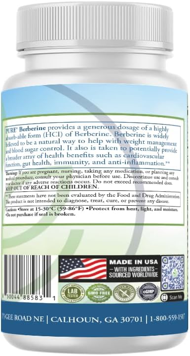 PURE® Berberine Supplement, 1200mg, Metabolic, Glucose, Cardio, 60 Capsules, 30 Servings, 1-Month Supply, Plant-Based Dietary Supplement