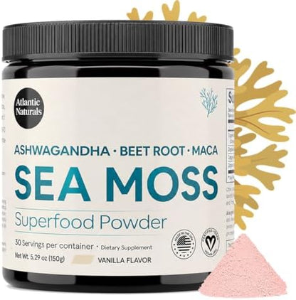 Atlantic Naturals Peak Performance Bundle – Peptide Recovery Complex 90 Capsules + Superfood Sea Moss Powder with Ashwagandha, Maca & Beet Root (Vanilla 150g) | Recovery & Energy
