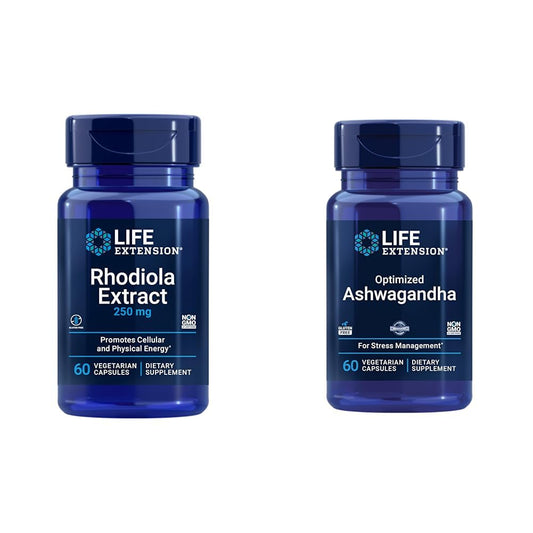 Life Extension Rhodiola and Ashwagandha Extract Bundle, Rhodiola rosea and ashwagandha Supplements, 60 Capsules Each Life Extension buy supplements Au