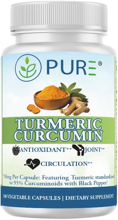 PURE® Turmeric Curcumin 750 mg - 180 Vegetable Capsules - Standardized to 95% Curcuminoids with BioPerine Black Pepper Extract - Antioxidant & Metabolic Support - Non-GMO, Made in USA