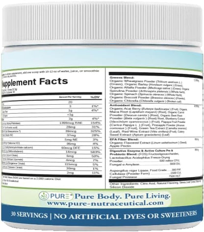 PURE® Greens Superfoods Powder - 30 Servings - 5300mg Raw Organic Greens & 1000mg Antioxidant Blend - with Probiotics & Digestive Enzymes - Wheatgrass, Spirulina & Chlorella - Lemon Lime Flavor