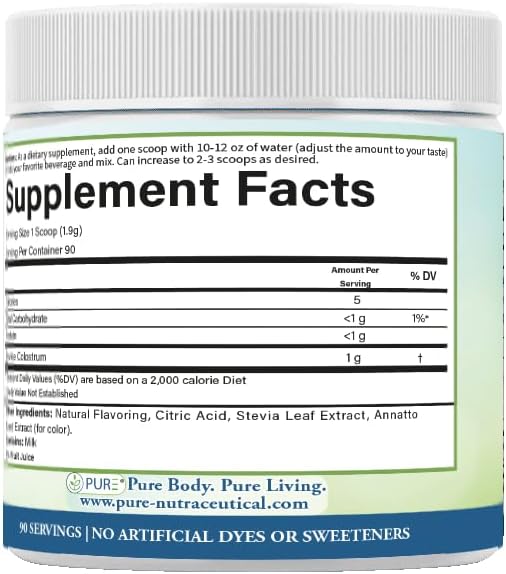 PURE® Grass-Fed Colostrum Powder - 90 Servings - 1000mg Bovine Colostrum per Scoop - Rich in Natural Bioactive Compounds & Growth Factors - Gut Health, Vitality & Wellness Support - Made in USA