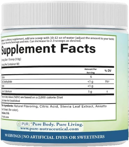 PURE® Grass-Fed Colostrum Powder - 90 Servings - 1000mg Bovine Colostrum per Scoop - Rich in Natural Bioactive Compounds & Growth Factors - Gut Health, Vitality & Wellness Support - Made in USA