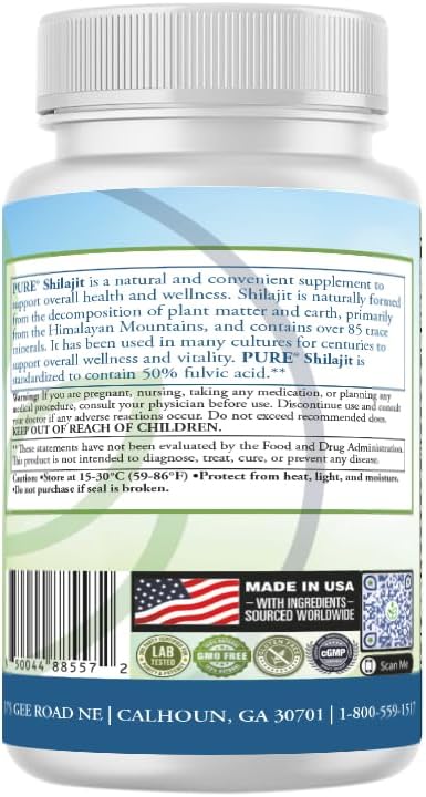 PURE® Shilajit 600mg - 60 Capsules - 50% Fulvic Acid Standardized Extract - Himalayan Wildcrafted Trace Minerals for ATP Energy & Mitochondrial Health - Made in USA