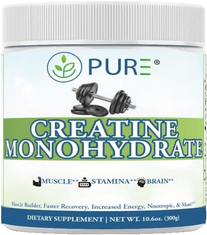 PURE® Creatine Monohydrate Powder - 300g, 60 Servings Unflavored Micronized Creatine for Muscle Growth, Strength & Recovery - 5g Per Serving - Lab Tested, Non-GMO, Made in USA
