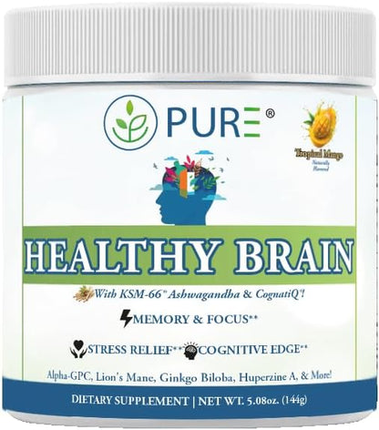 PURE® Healthy Brain Nootropic Powder - 30 Servings - 1.25g Lion’s Mane, 600mg Alpha-GPC & KSM-66® Ashwagandha - Cognitive Support for Memory, Focus & Stress Relief - 144 Grams, Mango Flavor!