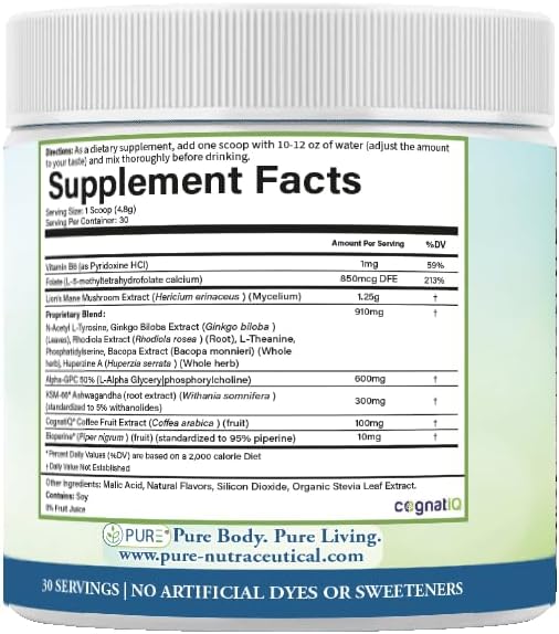 PURE® Healthy Brain Nootropic Powder - 30 Servings - 1.25g Lion’s Mane, 600mg Alpha-GPC & KSM-66® Ashwagandha - Cognitive Support for Memory, Focus & Stress Relief - 144 Grams, Mango Flavor!