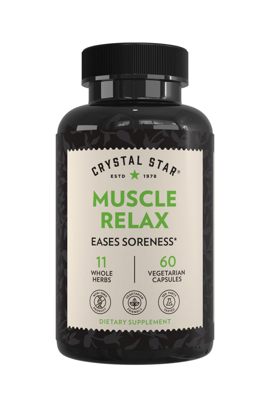 Crystal Star Muscle Relax (60 Capsules) – Herbal Relief from Sore Muscles, Cramps & Spasms – Valerian Root, Jamaica Dogwood & Cramp Bark - Non-GMO Crystal StarBuy Supplements Australia