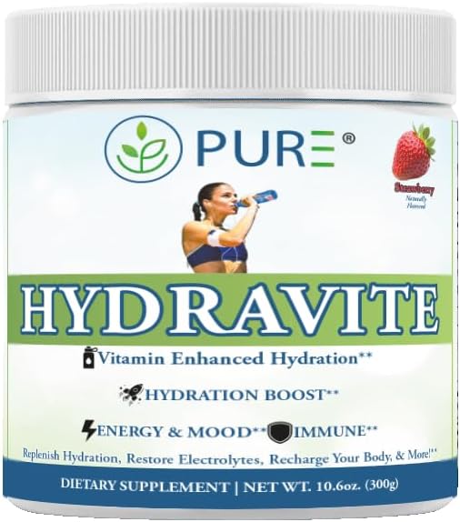 PURE® Hydravite Electrolyte & Vitamin Powder - 60 Servings - Strawberry Flavor - B-Complex & Vitamin C Hydration Multiplier for Energy & Muscle Recovery - Sugar Free - Made in USA