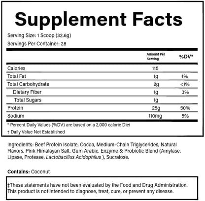PURE® Grass-Fed Beef Protein Isolate Powder - 25g Protein, 28 Servings - Dairy-Free Paleo & Keto Friendly Protein with MCT Oil, Probiotics & Natural Collagen - No Whey or Lactose - Chocolate 913 Grams