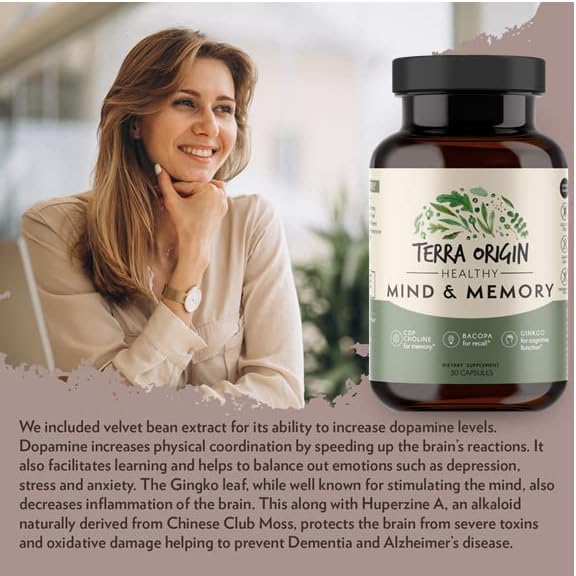 TERRA ORIGIN Healthy Mind and Memory Support Supplement | Cognitive Memory Matrix | Nootropic CDP, Bacopa, L-Tyrosine, Huperzine A, Ginko, B12 | Non GMO, Gluten Free, Dairy Free | 30 Capsules