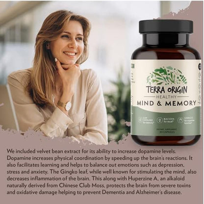 TERRA ORIGIN Healthy Mind and Memory Support Supplement | Cognitive Memory Matrix | Nootropic CDP, Bacopa, L-Tyrosine, Huperzine A, Ginko, B12 | Non GMO, Gluten Free, Dairy Free | 30 Capsules