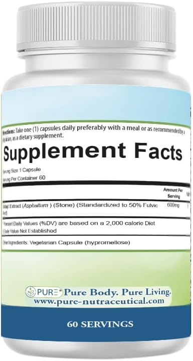 PURE® Shilajit 600mg - 60 Capsules - 50% Fulvic Acid Standardized Extract - Himalayan Wildcrafted Trace Minerals for ATP Energy & Mitochondrial Health - Made in USA