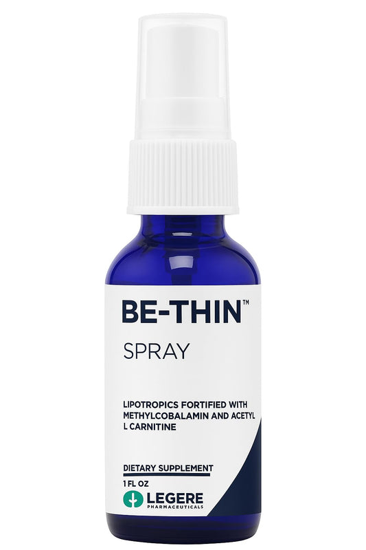 Blue spray bottle labeled 'BE-THIN SPRAY' with white cap on a white background