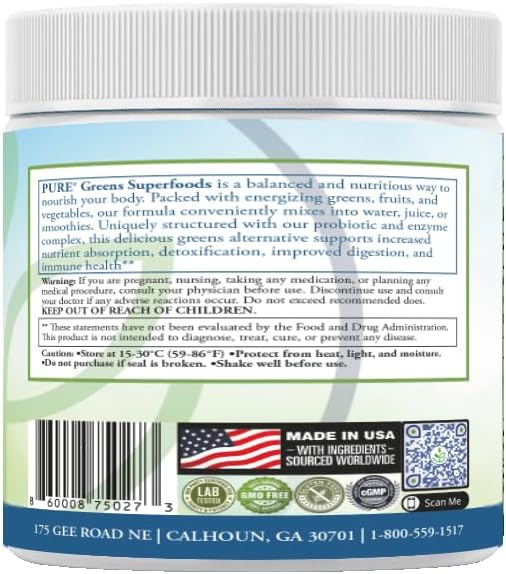 PURE® Greens Superfoods Powder - 30 Servings - 5300mg Raw Organic Greens & 1000mg Antioxidant Blend - with Probiotics & Digestive Enzymes - Wheatgrass, Spirulina & Chlorella - Lemon Lime Flavor