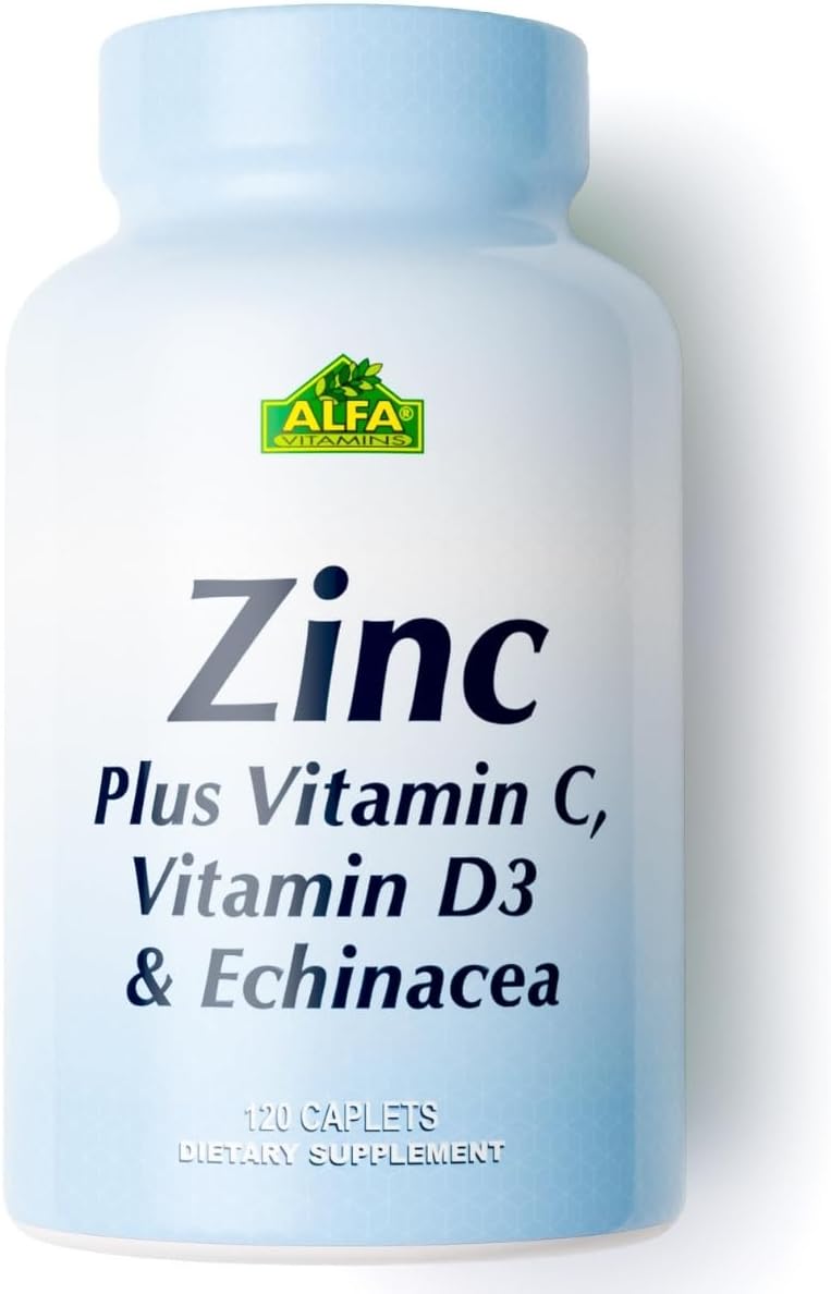 ALFA VITAMINS Zinc + Vitamin C, D3 & Echinacea Supplements, Immune Support Formula with Enhanced Absorption, Supports Bone Health, Immune Function, and Antioxidant Protection, 120 Caplets
