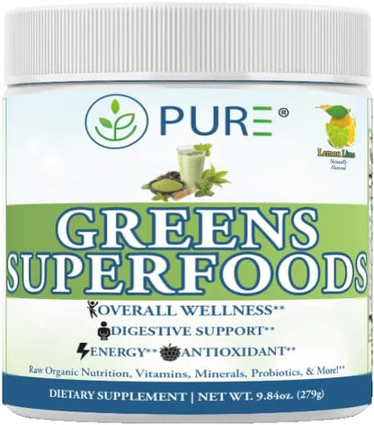 PURE® Greens Superfoods Powder - 30 Servings - 5300mg Raw Organic Greens & 1000mg Antioxidant Blend - with Probiotics & Digestive Enzymes - Wheatgrass, Spirulina & Chlorella - Lemon Lime Flavor