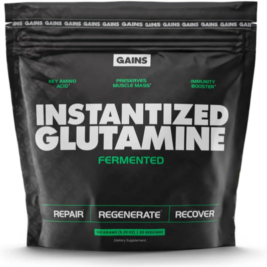 Gains in Bulk L-Glutamine, Gluten Free Glutamine Powder for Muscle Recovery and Growth, Post Workout Support, Amino Acid Supplement, Promotes Protein Synthesis, Non GMO, Unflavored, 30 Servings