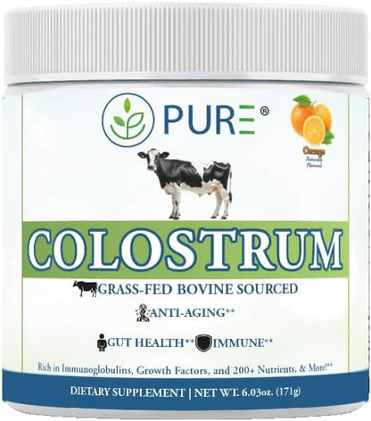 PURE® Grass-Fed Colostrum Powder - 90 Servings - 1000mg Bovine Colostrum per Scoop - Rich in Natural Bioactive Compounds & Growth Factors - Gut Health, Vitality & Wellness Support - Made in USA