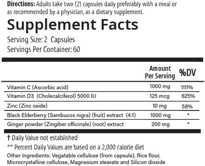 PURE® 5 in 1 Immune Formula - 120 Capsules - Black Elderberry 100 mg, Vitamin C 1000 mg, Vitamin D3 125 mcg (5000 IU), Zinc & Ginger Root - All-in-One Seasonal Defense Shield - Antioxidant Support USA