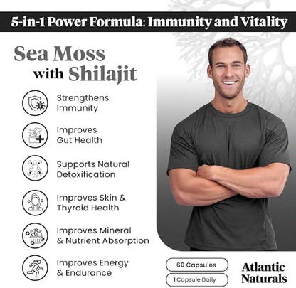 Atlantic Naturals Sea Moss Superfood Bundle - Sea Moss with Shilajit 5-in-1 Capsules & Sea Moss Powder with Ashwagandha, Beet Root & Maca Root - Enhanced Vitality, Skin & Athletic Support 60 ct & 150g