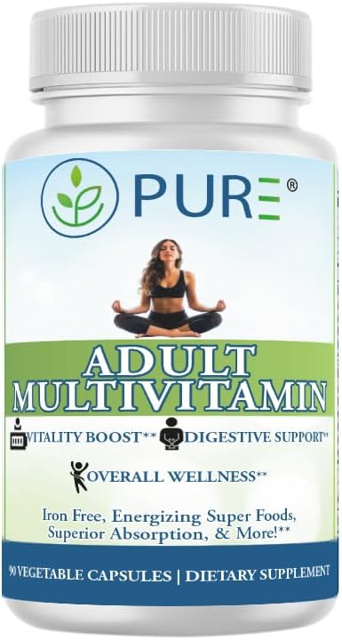 PURE® Adult Multivitamin Iron Free - 90 Vegetable Capsules, 30 Servings - High Potency Daily Wellness with Energizing Superfoods, B12 & Zinc - Digestive Enzymes for Superior Absorption - Made in USA
