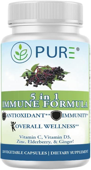 PURE® 5 in 1 Immune Formula - 120 Capsules - Black Elderberry 100 mg, Vitamin C 1000 mg, Vitamin D3 125 mcg (5000 IU), Zinc & Ginger Root - All-in-One Seasonal Defense Shield - Antioxidant Support USA