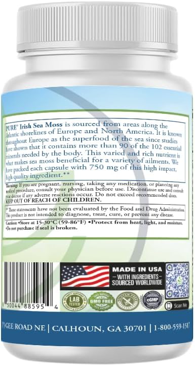 PURE® Irish Sea Moss 750mg - 60 Organic Capsules - Wildcrafted North Atlantic Superfood with 92 Essential Minerals - Thyroid, Immune & Energy Support - Made in the USA