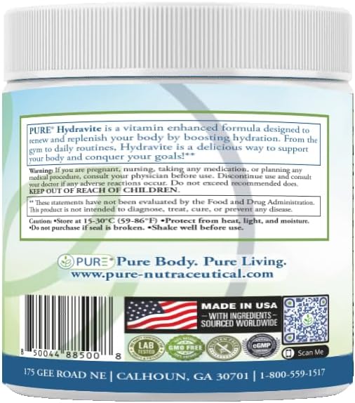 PURE® Hydravite Electrolyte & Vitamin Powder - 60 Servings - Strawberry Flavor - B-Complex & Vitamin C Hydration Multiplier for Energy & Muscle Recovery - Sugar Free - Made in USA