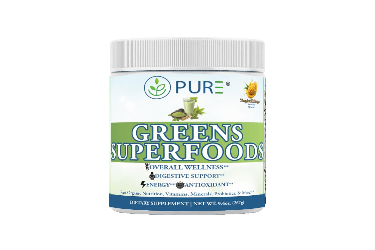 PURE® Greens Superfoods Powder - 30 Servings - 5300mg Raw Organic Greens & 1000mg Antioxidant Blend - with Probiotics & Digestive Enzymes - Wheatgrass, Spirulina & Chlorella - Lemon Lime Flavor